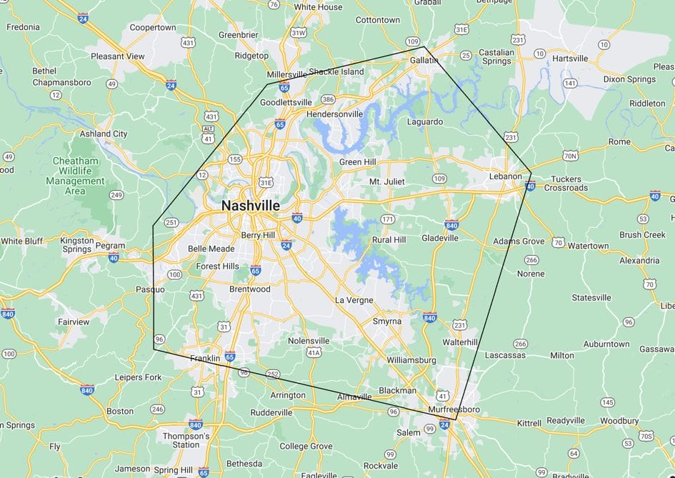 service area map Undersun Roofing Nashville, TN